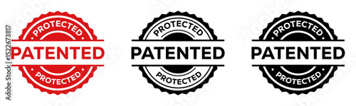Patented Protected Stamp Icon Set in Red Black and Outline Style for Product and Business Use