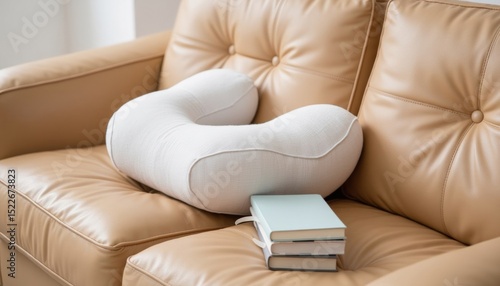 Nursing pillow placed on sofa next to stack of books  