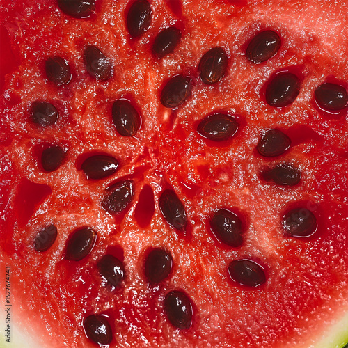 Juicy sliced watermelon in macro view, showing bright red pulp, seeds, and summer freshness. Perfect fruit texture background for seasonal design.