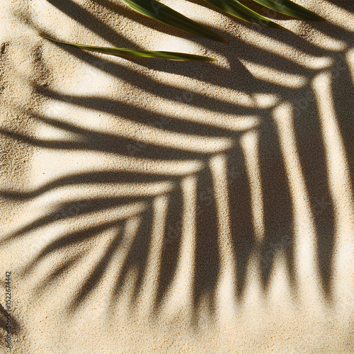 Top down macro photography of fine beach sand with shadow of tropical leaf. Minimalistic and elegant summer texture with natural lighting and attractive design. Vacation background