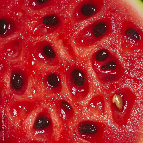Juicy sliced watermelon in macro view, showing bright red pulp, seeds, and summer freshness. Perfect fruit texture background for seasonal design.