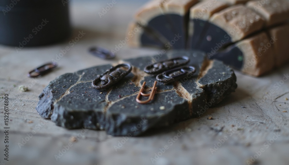 Assorted paperclips arranged on a slate stone surface with wood Assorted paperclips arranged on a slate stone surface with wood