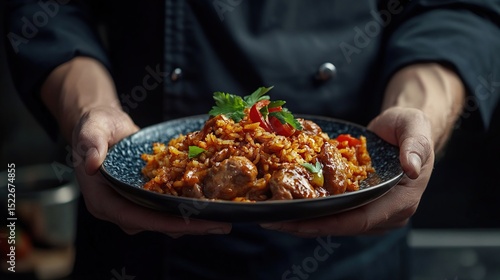 A chef's hands present a dark plate piled high with savory rice, tender meat chunks, and vibrant red and green peppers, garnished with fresh herbs.  The dish is cuisine
