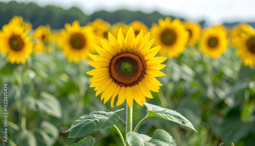 Sunflower head opening amid golden field, mature blossoms surrounding under soft daylight Sunflower head opening amid golden field, mature blossoms surrounding under soft daylight