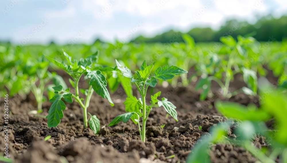 Tomato seedlings sprouting densely across sunlit agricultural field, developing on rich, dark soil Tomato seedlings sprouting densely across sunlit agricultural field, developing on rich, dark soil