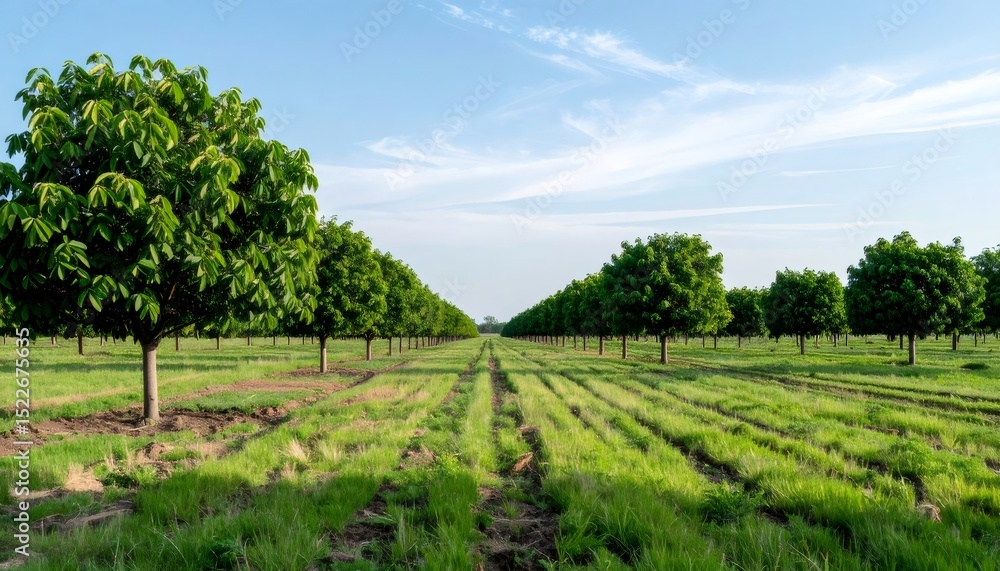 Obraz premium Lush walnut trees thrive in an orchard, forming neat rows across the landscape under a clear blue sky