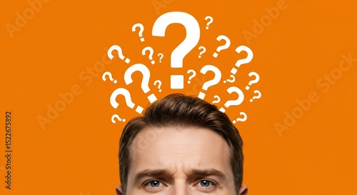 Thinking man with question marks above head against orange background for concept
