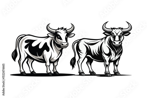 Vector Illustration of Bull and Cow in Bold Black and White Style..