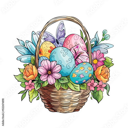 Professional Drawing of Happy Easter Basket with Egg Decoration Image