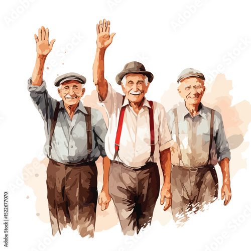 Professional Vector Illustration of Elderly Men Waving Greetings - Stock Vector Image for Social Inclusion Concept