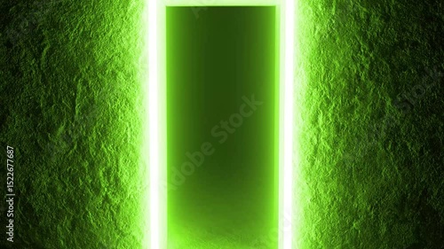 Mysterious doorway glowing with vivid green neon light emerging from dark interior, creating suspenseful atmosphere suggesting supernatural passage between unknown realms
