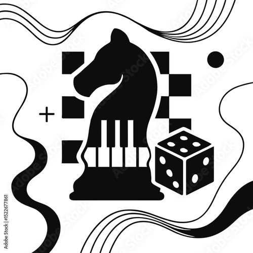 Game elements poster featuring a chess knight, dice, and dynamic shapes
