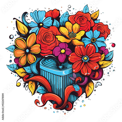 Colorful Flowers and Heart Shape Giftbox Pop Art Scribble Vector Illustration
