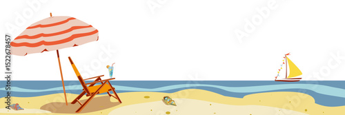 Colored sea landscape with beach umbrella, yellow yacht, chaise lounge, cocktail. Vector illustration. Sea elements for greeting cards, decoration, magazines, banners, menu, patterns and designs