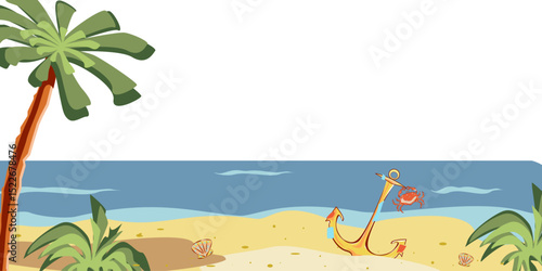 Colored sea view with crab, anchor, sand, green palm, plants, waves. Vector illustration. Sea elements for greeting cards, decoration, magazines, banners, menu, patterns and designs
