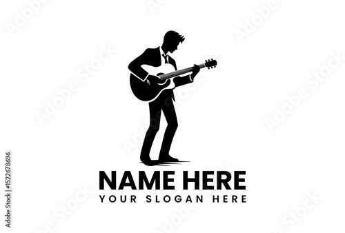 Detailed vector logo of passionate male musician playing acoustic guitar with dynamic focus  