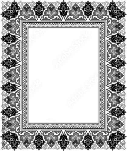 Ornate Frame: A detailed close-up of an elaborately designed, grayscale frame, displaying a sophisticated border with repeating ornamental patterns and offering space for textual or graphic content.