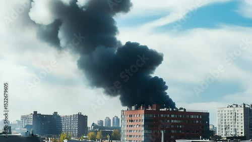 Black smoke rising from building roof in city