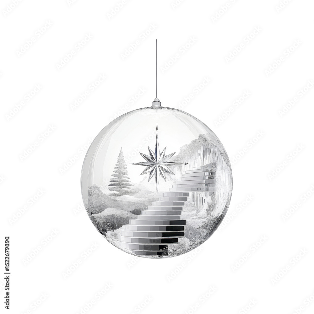 Fototapeta premium Elegant Silver Christmas Ornament with Winter Scene and Star
