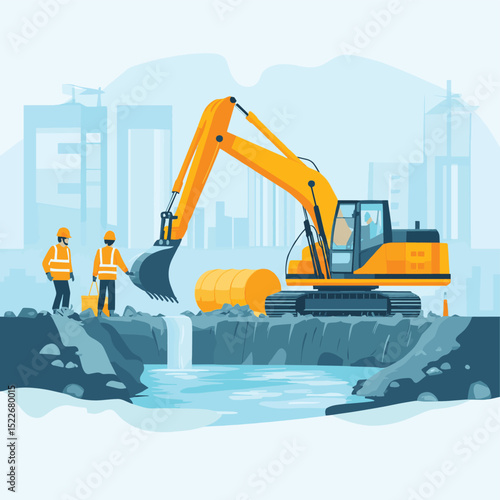 Construction workers installing underground wastewater treatment tank with excavator at building site for environmental sanitation system, vector style simple color