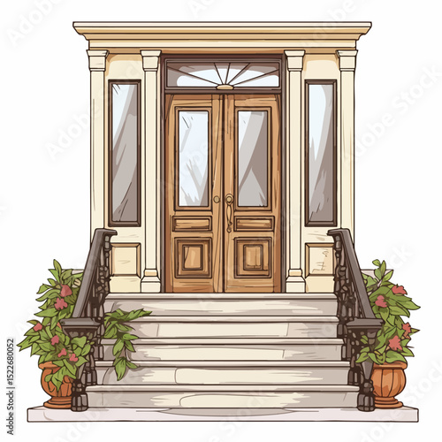 Modern House Facade with Stairs, Door, and Window for Real Estate Marketing Materials