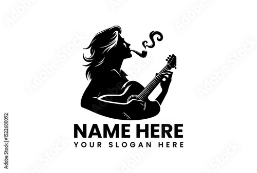 Powerful silhouette guitar player vector logo showing detailed acoustic performance with intensity  