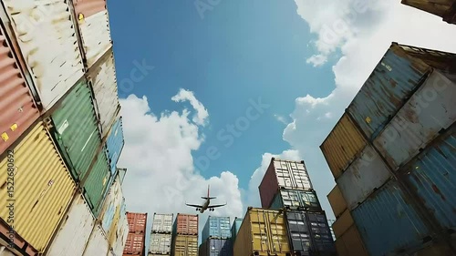 Airplane flying over colorful cargo containers at port