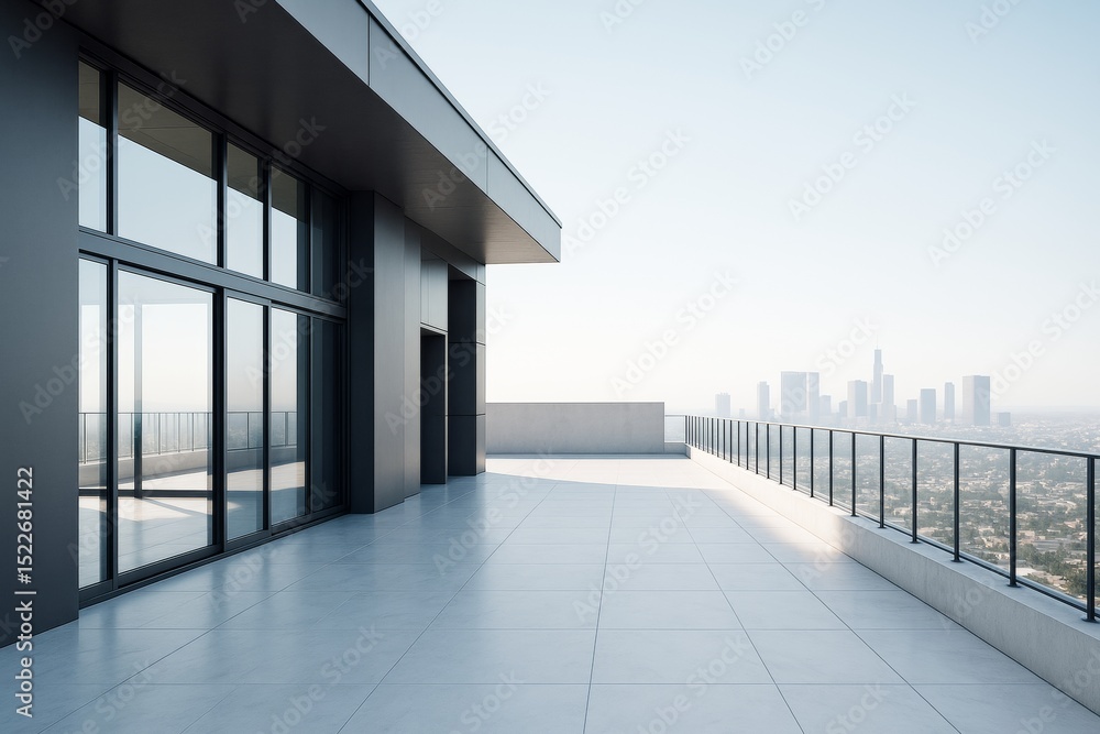 Fototapeta premium Modern high-rise building terrace with glass railing overlooking city skyline on a clear day with minimalistic architecture and bright lighting.