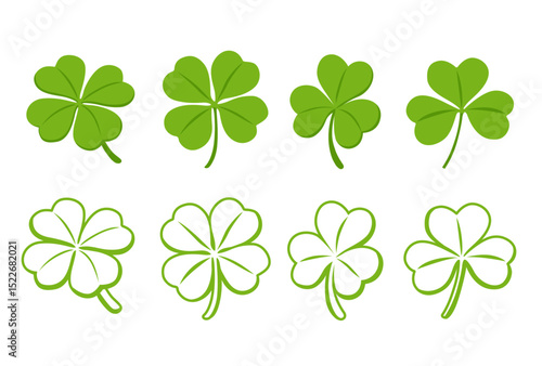 Set of icon Green cloverleaf isolated on a white background. Vector illustration cartoon flat