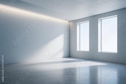 Minimalist empty room with modern architecture and large windows casting natural light on clean floor and blank walls for interior design mockup.