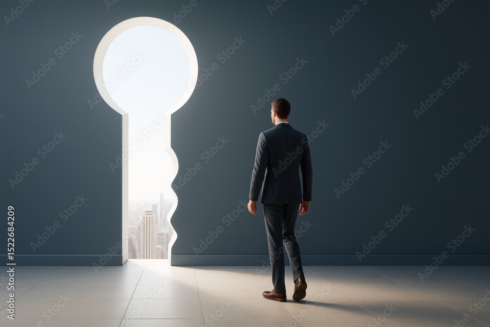 Obraz premium Businessman walking toward light through giant keyhole shaped doorway in dark room with city background, symbolizing opportunity and success.