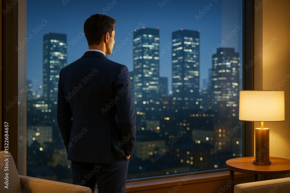 Businessman in suit standing by window at night, overlooking illuminated cityscape with office buildings, lamp light creating cozy indoor ambiance. Businessman in suit standing by window at night, overlooking illuminated cityscape with office buildings, lamp light creating cozy indoor ambiance.