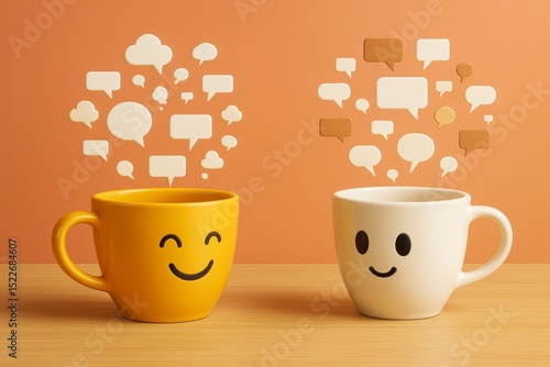 Two smiling coffee mugs with speech bubbles above them symbolizing communication and cheerful conversation on orange background.