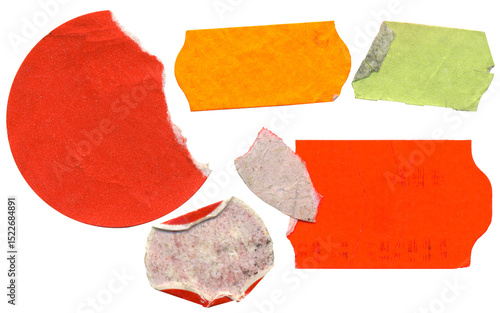 set of empty grungy adhesive price stickers, multicolored price tags, with free copy space, isolated on transparent background