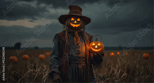 A scarecrow stands in a field surrounded by pumpkins, with a clear blue sky in the background. 
