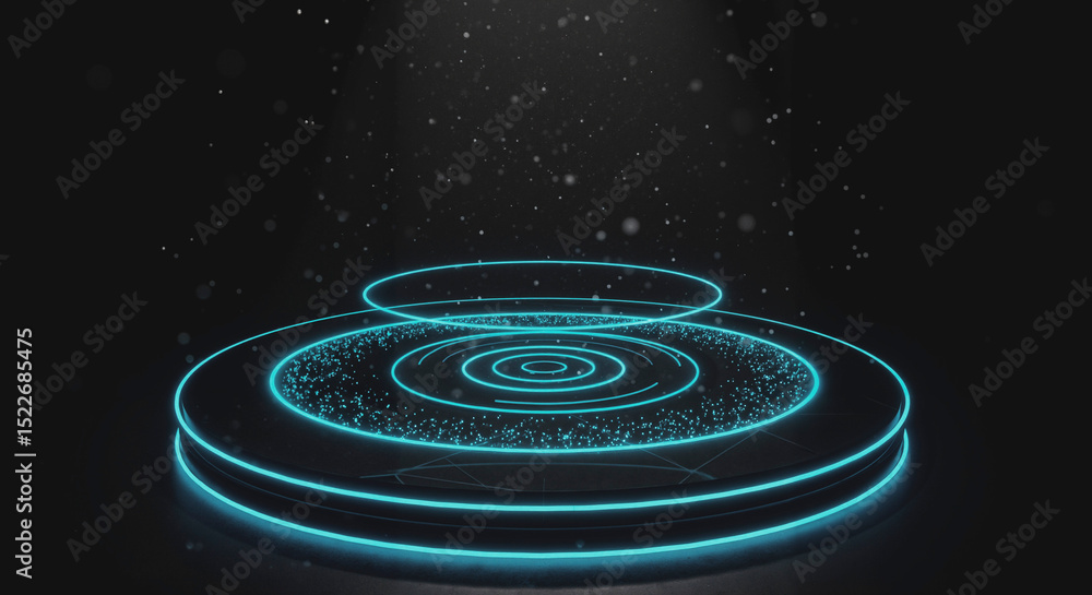 Fototapeta premium Empty abstract round podium, platform, pedestal modern exhibition space for product display with neon glow on black background, interactive effects, 3d rendering