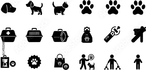 Pet, service animal icon set. Vector glyph pictograms of dog, cat, paw print, carrier, veterinary care, adoption, training black silhouette illustration.