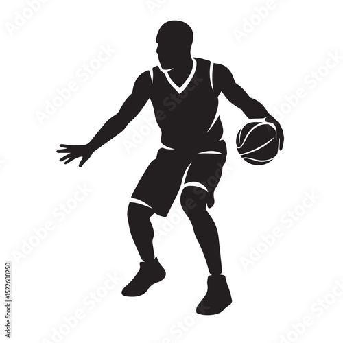 Silhouette of basketball player dribbling ball vector graphic, perfect for sports logo, icon, sticker, apparel, and print designs.