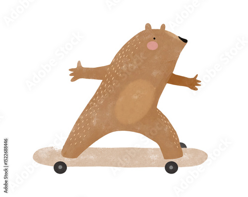 Cute Bear Riding A Skateboard. Childish Drawing-like Vector Illustration Of Happy Teddy Bear Skateboarding. Big Grizzly On A White Background. Kids Room Decoration. 