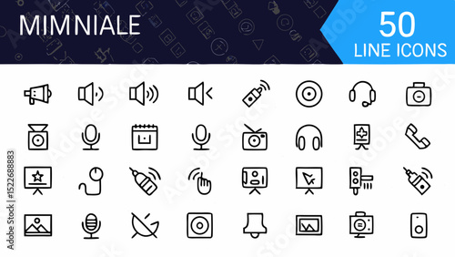 Collection of fifty line icons including audio visual communication and technology related symbols in black created with generated ai