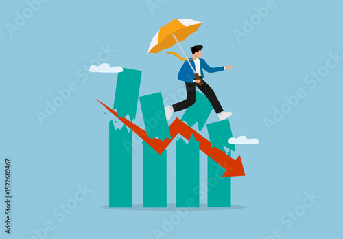 Confident Businessman Walking on Falling Graph with Umbrella as Parachute During Financial Decline