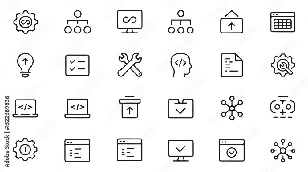 Collection of clean and modern line icons representing software development and programming concepts