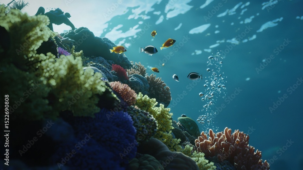 Obraz premium Vibrant Underwater Coral Reef with Colorful Fish and Bubbles Floating in Blue Ocean Marine Ecosystem