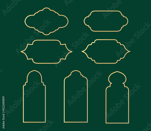 Islamic golden frames set, vector window shape, design template, flat element. Collection of oriental style arab arches, antique luxury decor