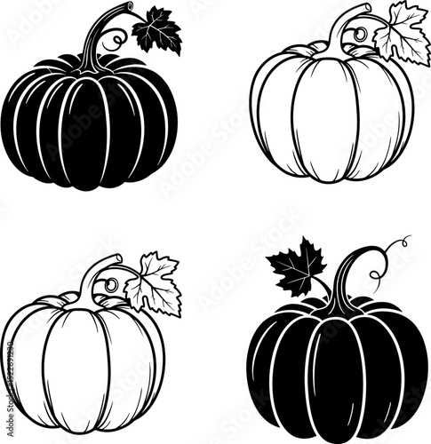 Four Stylish Pumpkins Line Art Autumn Harvest Thanksgiving Fall Design Elements