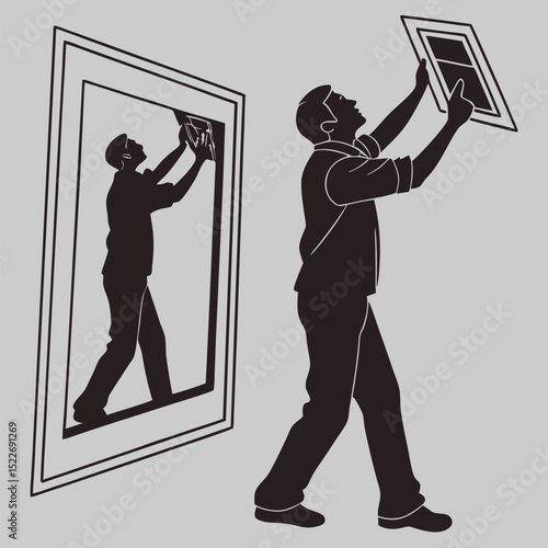 Placing Photo in Frame silhouette vector design art and illustration