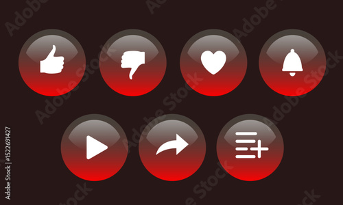 Buttons for the video interface. Like buttons, share, add to favorites. Vector set
