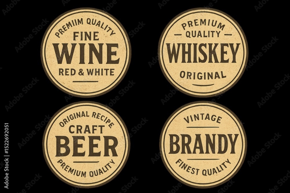 Fototapeta premium vintage whiskey labels featuring intricate designs and ornate typography isolated on transparent background.