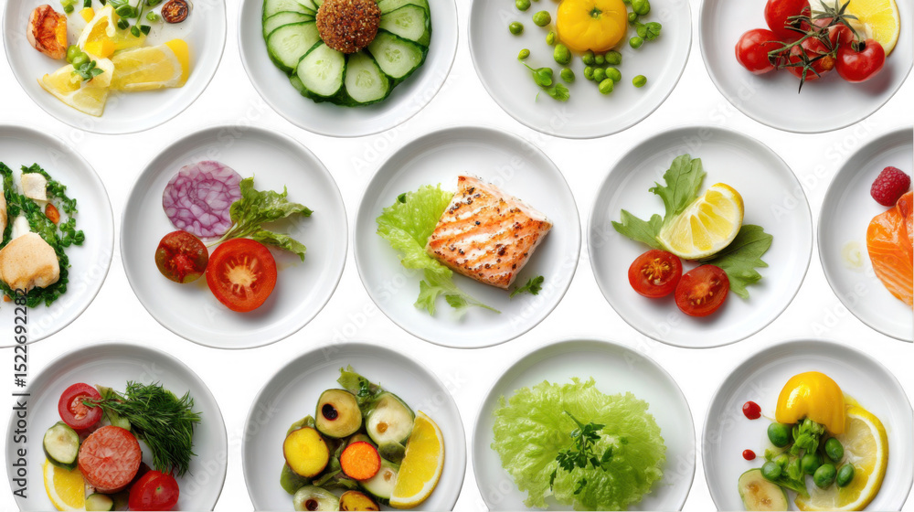 Small white plates containing various colorful food items, including salmon, vegetables, and fruits, are arranged on a transparent background, creating a vibrant and appetizing presentation Small white plates containing various colorful food items, including salmon, vegetables, and fruits, are arranged on a transparent background, creating a vibrant and appetizing presentation