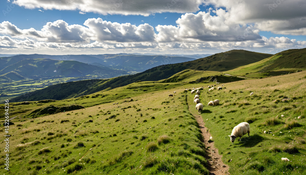 Fototapeta premium Le chemin des moutons à travers la campagne.